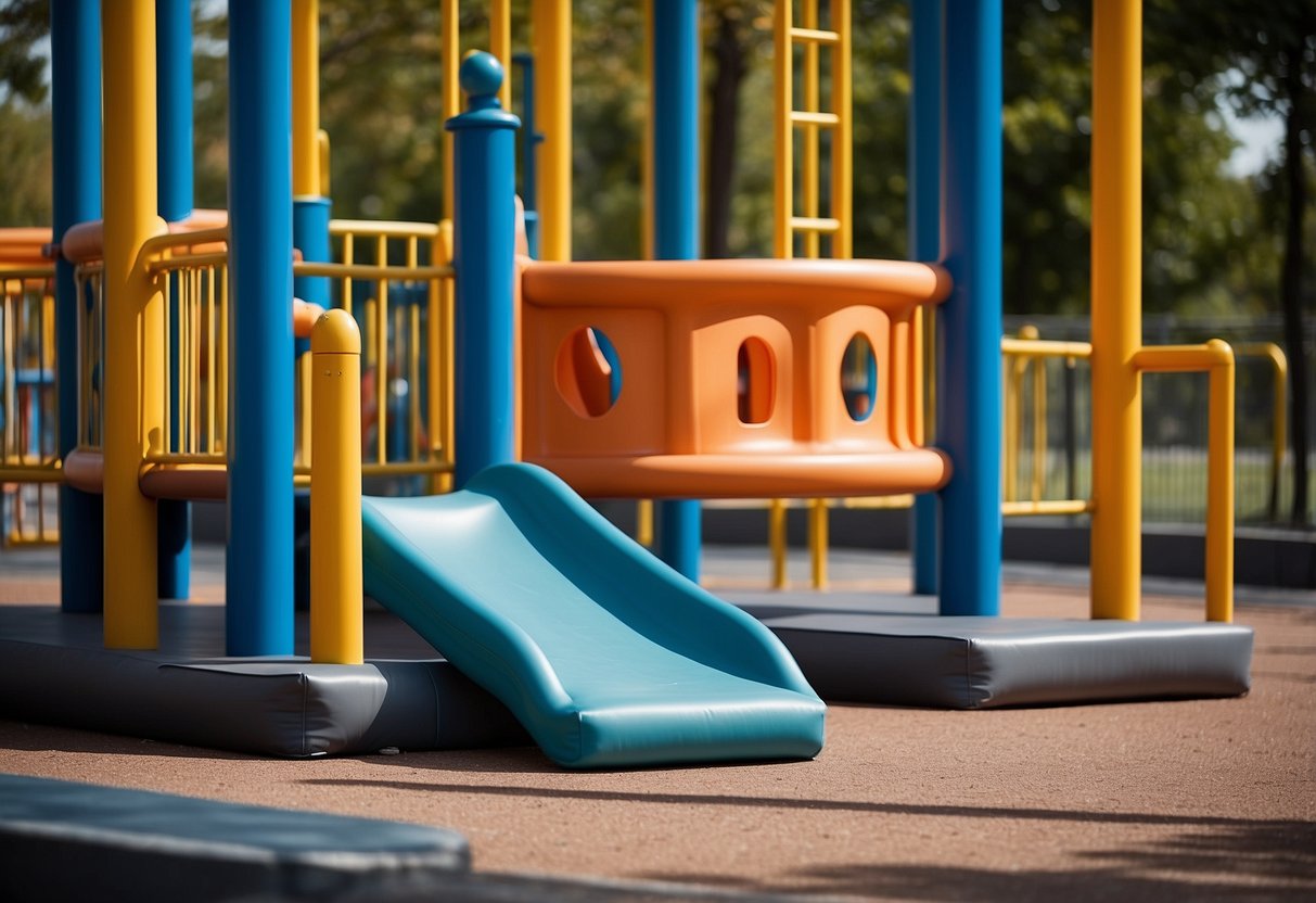 A playground with a cushioned landing area, surrounded by safety barriers and equipped with soft, impact-absorbing surfaces