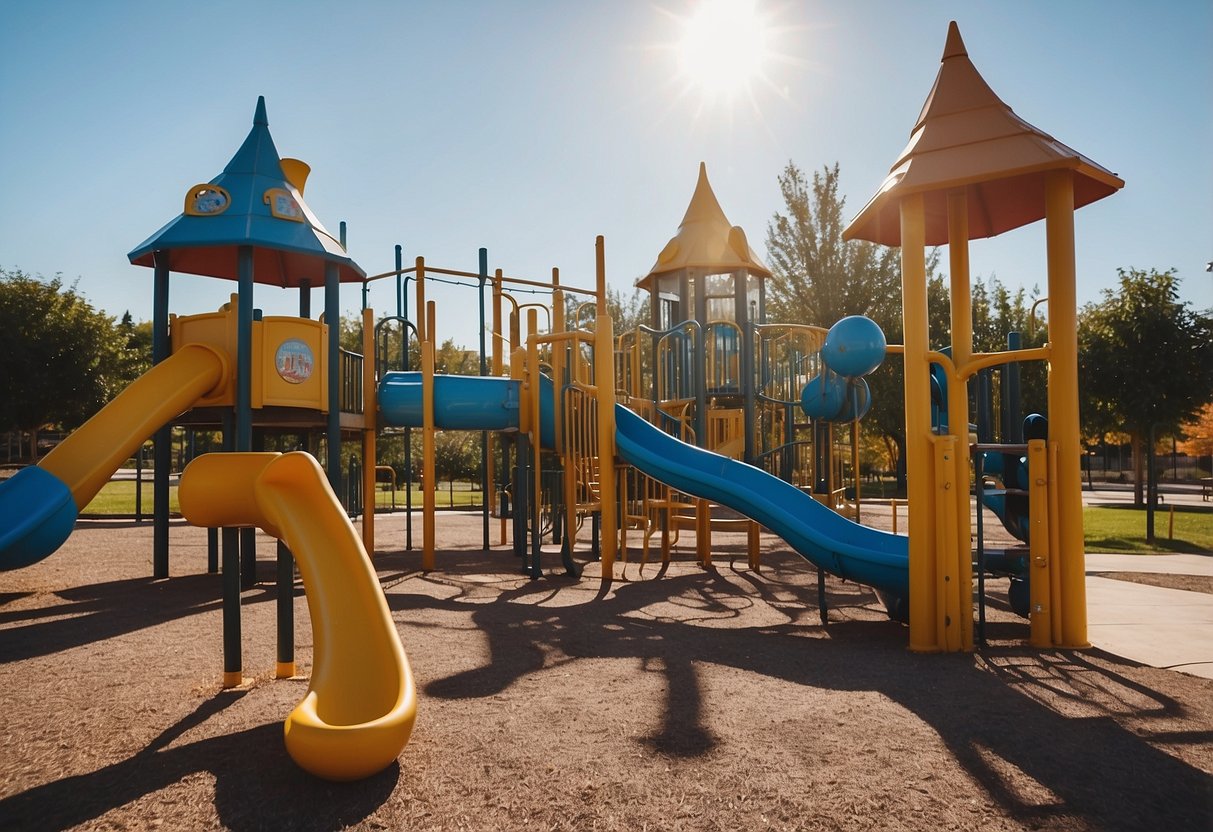 A spacious playground with clear pathways and designated play areas. Signs indicating safety rules and tips posted throughout the area