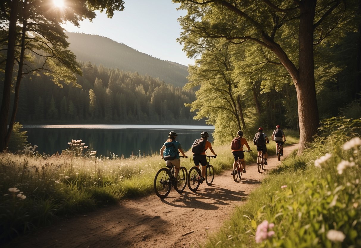 People hiking on a scenic trail, others kayaking on a calm river, some cycling through a forest, a group picnicking in a sunny meadow, and a family playing frisbee in a park