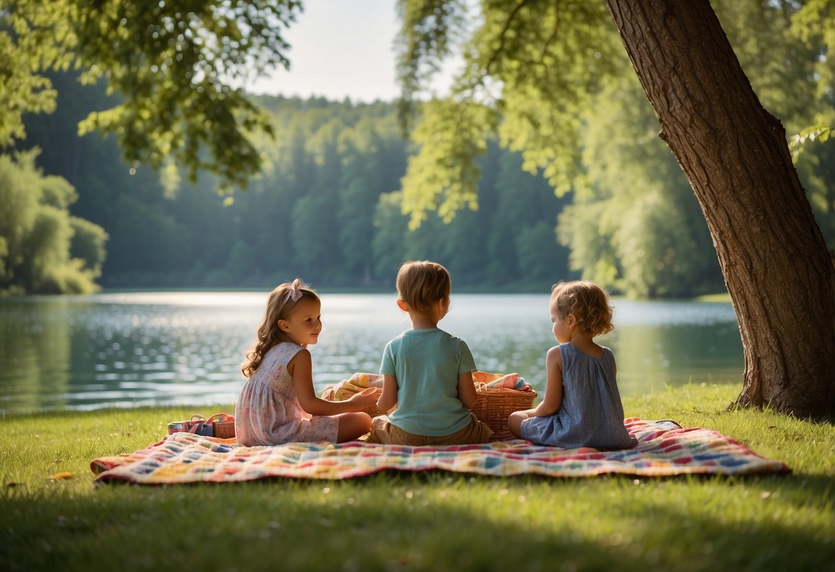 Families spread blankets on lush green grass, surrounded by towering trees and a sparkling lake. A colorful picnic spread sits on a checkered cloth, while children play nearby