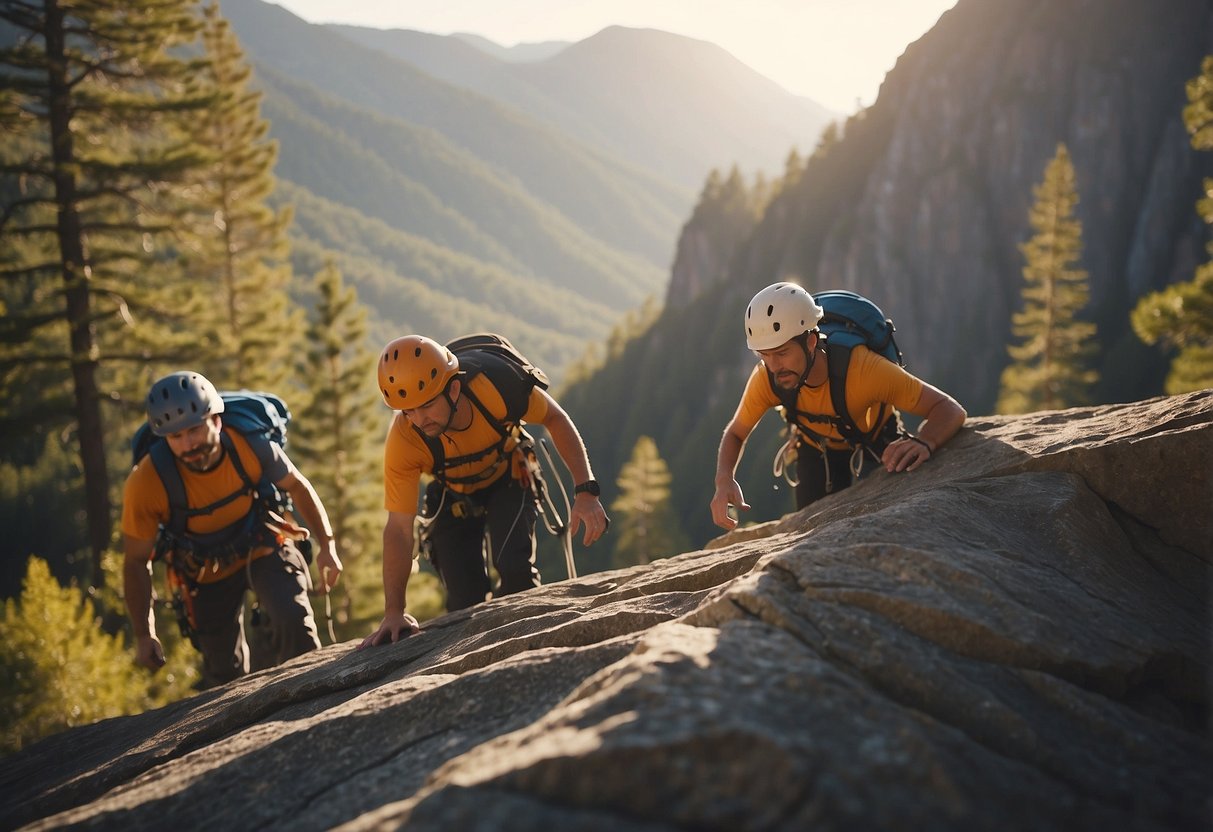 A group of climbers scale a rugged rock face with the help of certified instructors. The sun shines down on the scenic outdoor setting