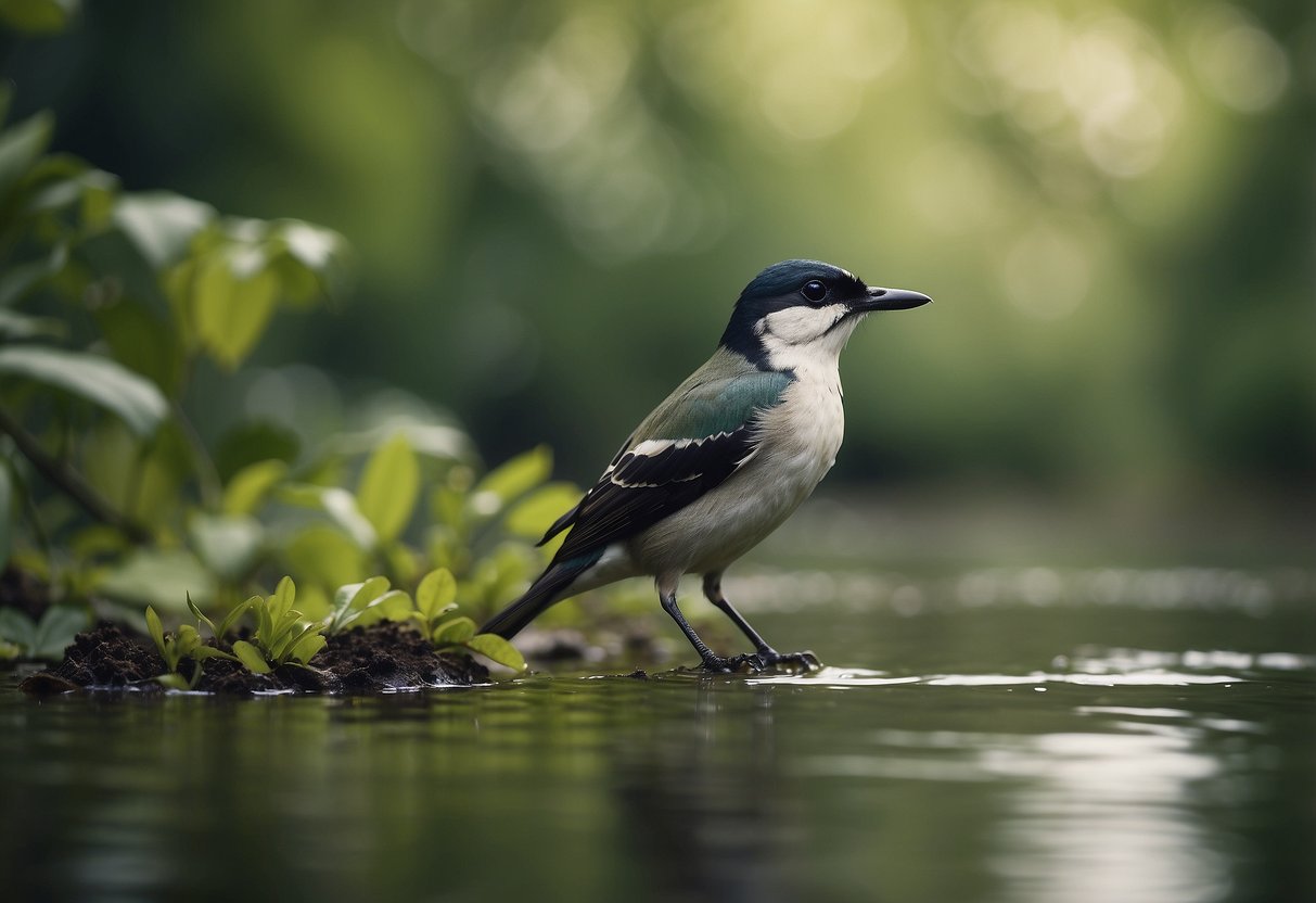 Birds flying and perching in lush, green nature reserves. Trees, bushes, and a variety of bird species can be seen in the peaceful natural setting