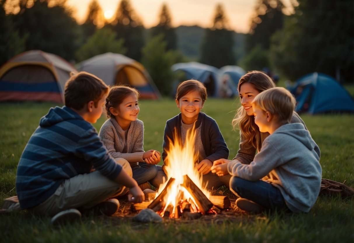 A family sits around a crackling campfire, roasting marshmallows. Tents are pitched nearby, and children play games in the grassy clearing. The sun sets behind the trees, casting a warm glow over the scene