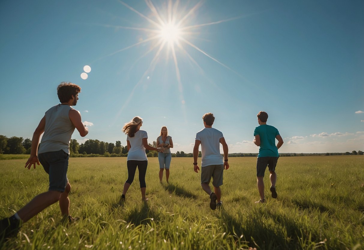 People playing Frisbee in vast open fields, with the sun shining and a clear blue sky overhead. The grass is green and lush, and there are no obstacles in sight