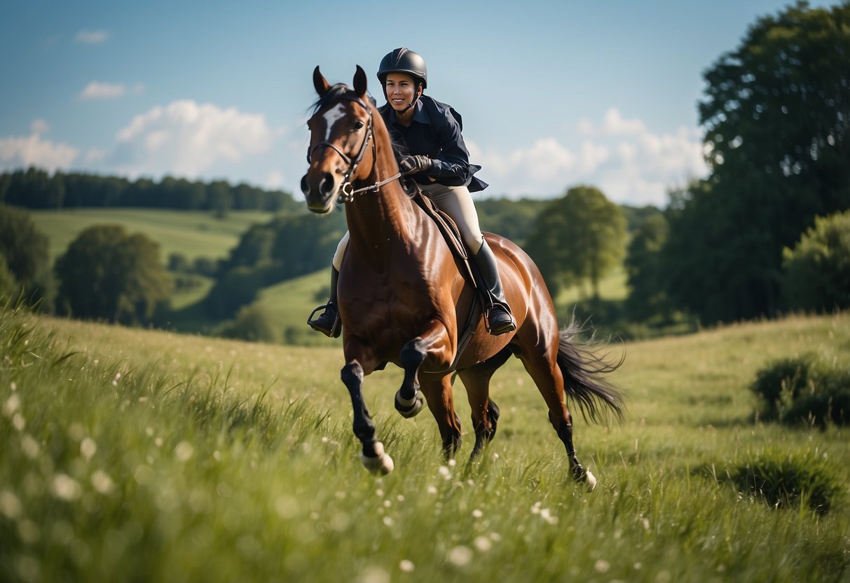 A rider in safety gear gallops through a lush green meadow, with a clear blue sky overhead. The horse's mane flows in the wind as they enjoy a safe and exhilarating horseback ride