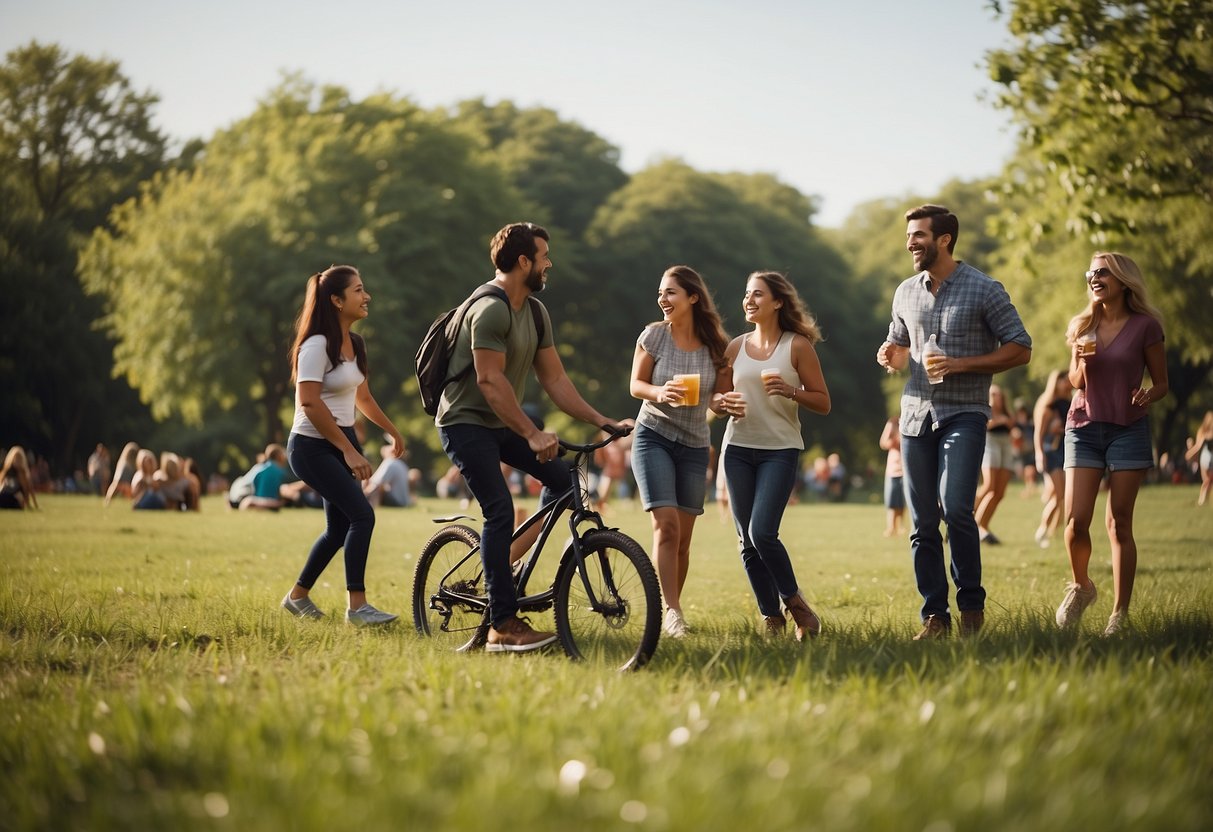 A group of people enjoying various outdoor activities in a park setting, such as hiking, picnicking, biking, and playing frisbee. The scene is filled with laughter and relaxation, with a sense of safety and enjoyment