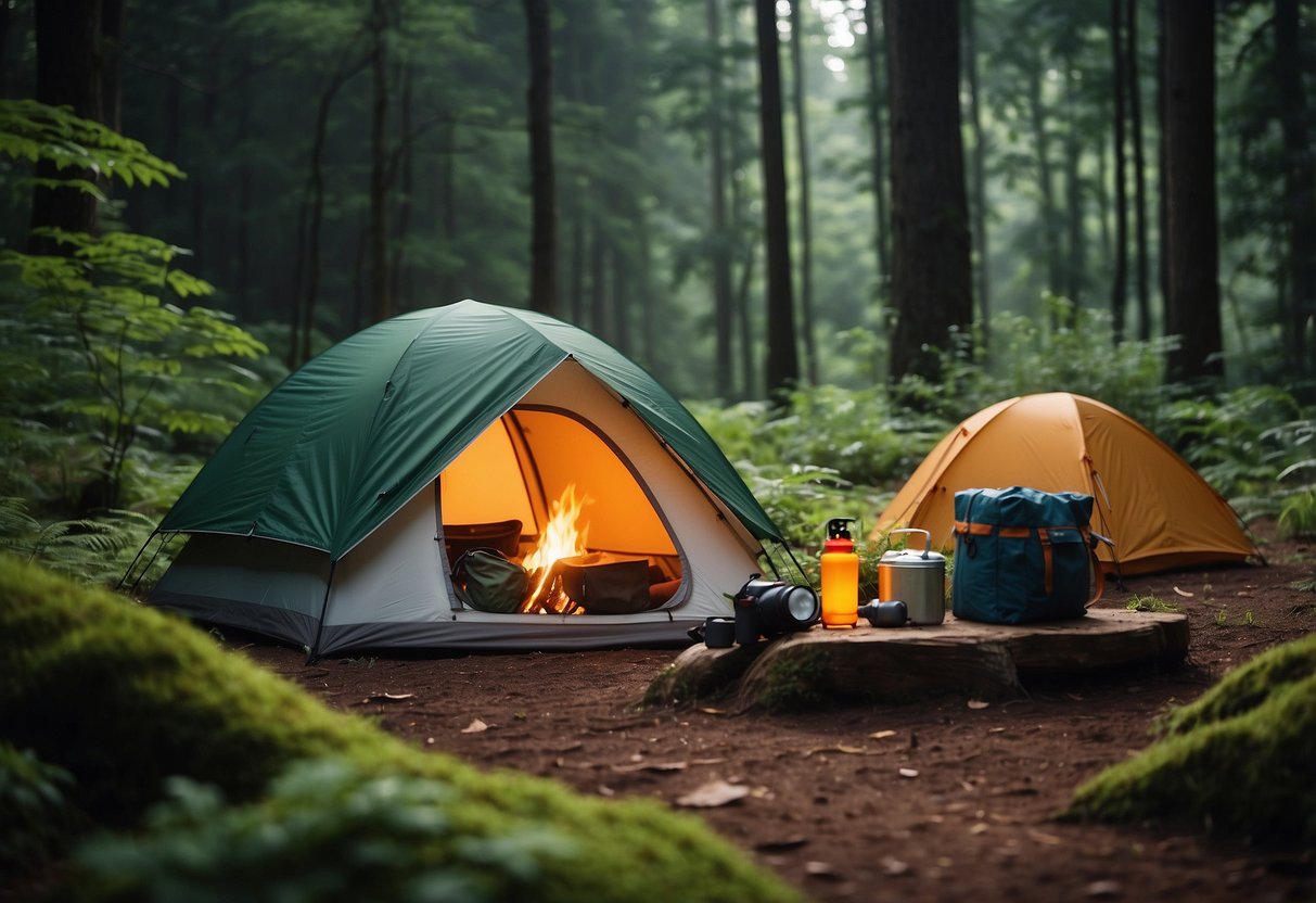 A family tent pitched in a lush forest clearing, with a campfire surrounded by safety gear like flashlights, first aid kit, and insect repellent