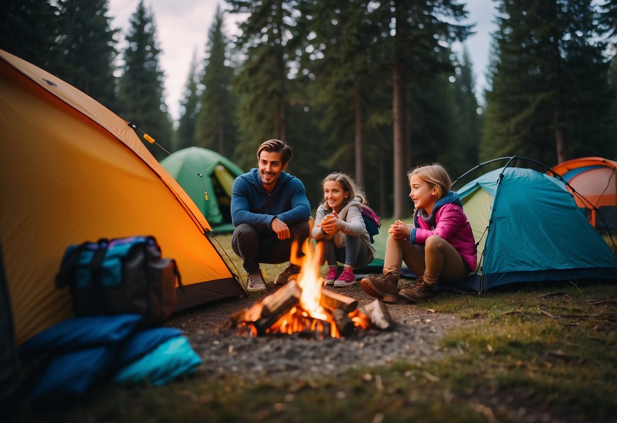 A colorful campsite with child-friendly amenities, surrounded by a safe and secure environment. A family tent with sleeping bags and camping gear, a campfire with roasting marshmallows, and kids playing outdoor games