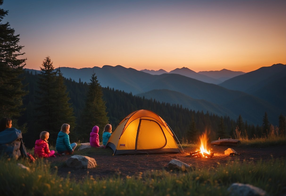 A colorful family tent stands in a peaceful campsite. A campfire burns nearby as children play safely around the tent, following the 7 safety tips for camping with kids