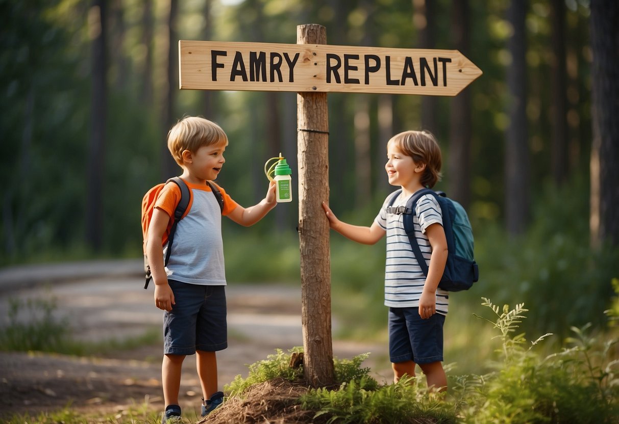 A family camping scene with insect repellent, kids playing, and safety tips displayed on a signpost