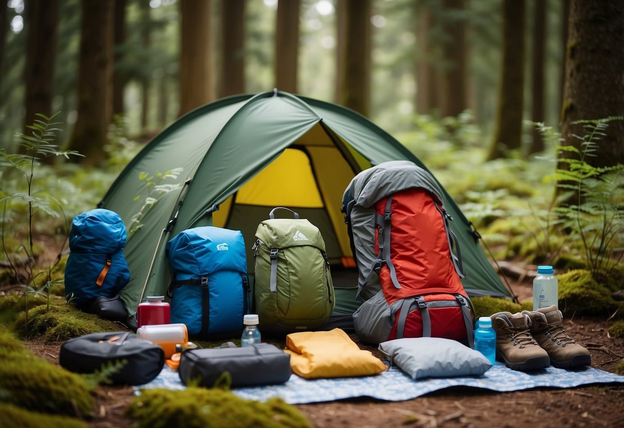 A family tent stands in a wooded clearing, surrounded by camping gear and safety equipment. A child-sized backpack and hiking boots are neatly arranged next to a first aid kit and a map