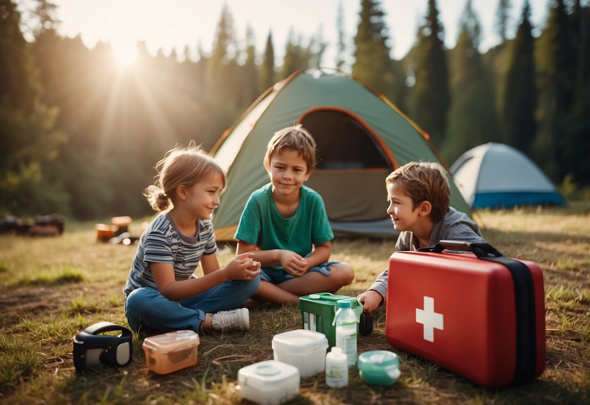 A family camping scene with a first aid kit, emergency supplies, and children engaged in safe outdoor activities