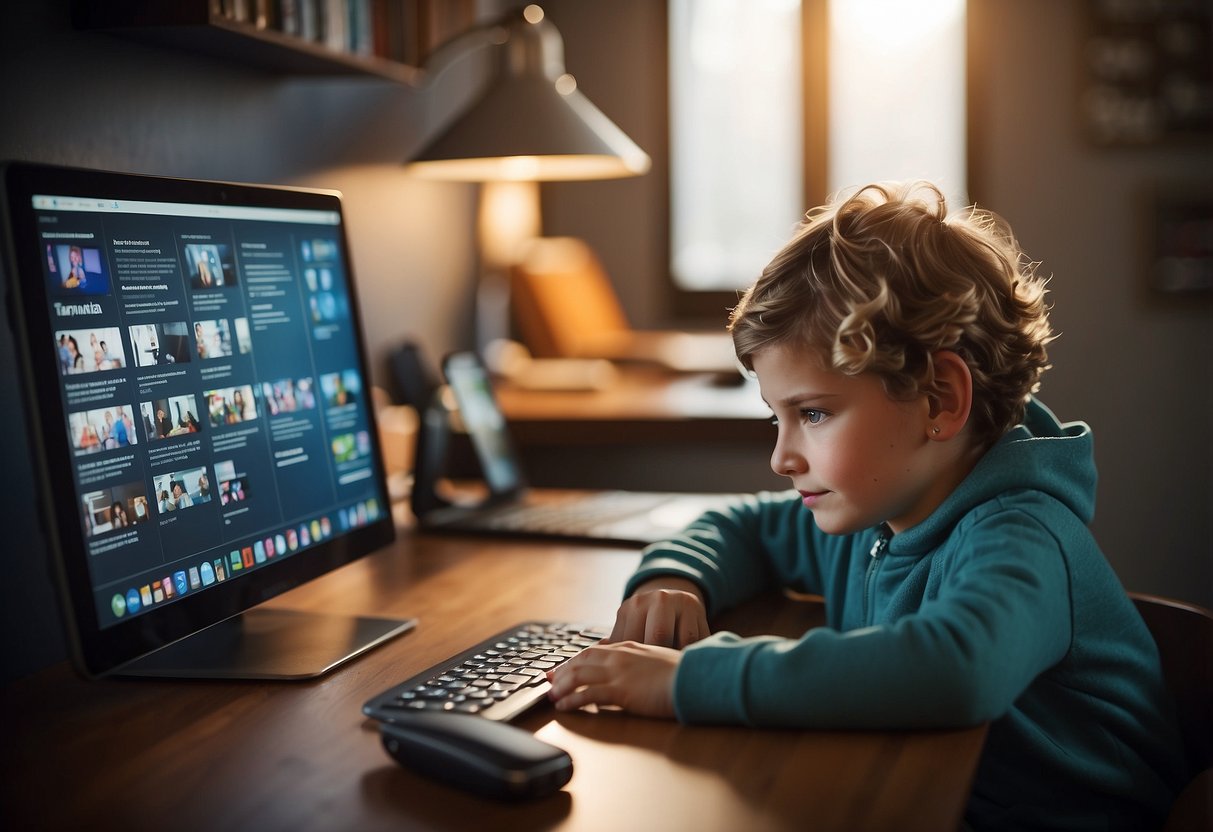 A parent sitting at a desk with a computer, surrounded by images of online safety rules. A child's tablet and smartphone are also on the desk