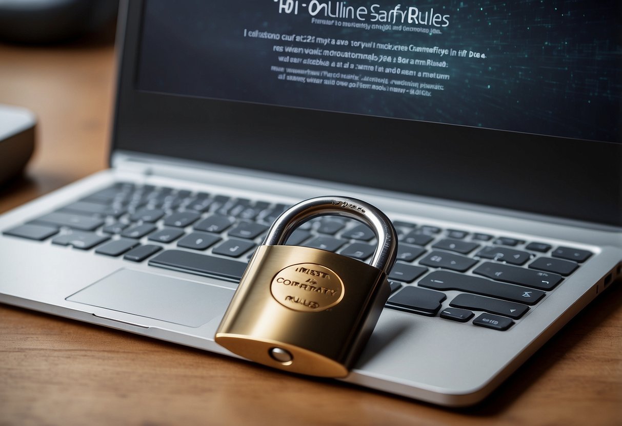 A computer screen with a padlock symbol, a parent and child holding hands, and a list of "10 Online Safety Rules" displayed prominently