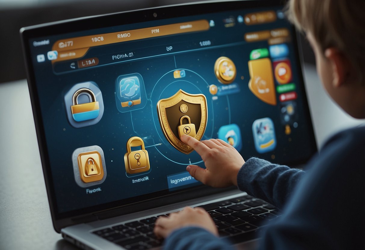 A computer screen with a child-friendly interface, surrounded by a shield symbol and lock icon. A parent's hand hovers over the screen, adjusting privacy settings