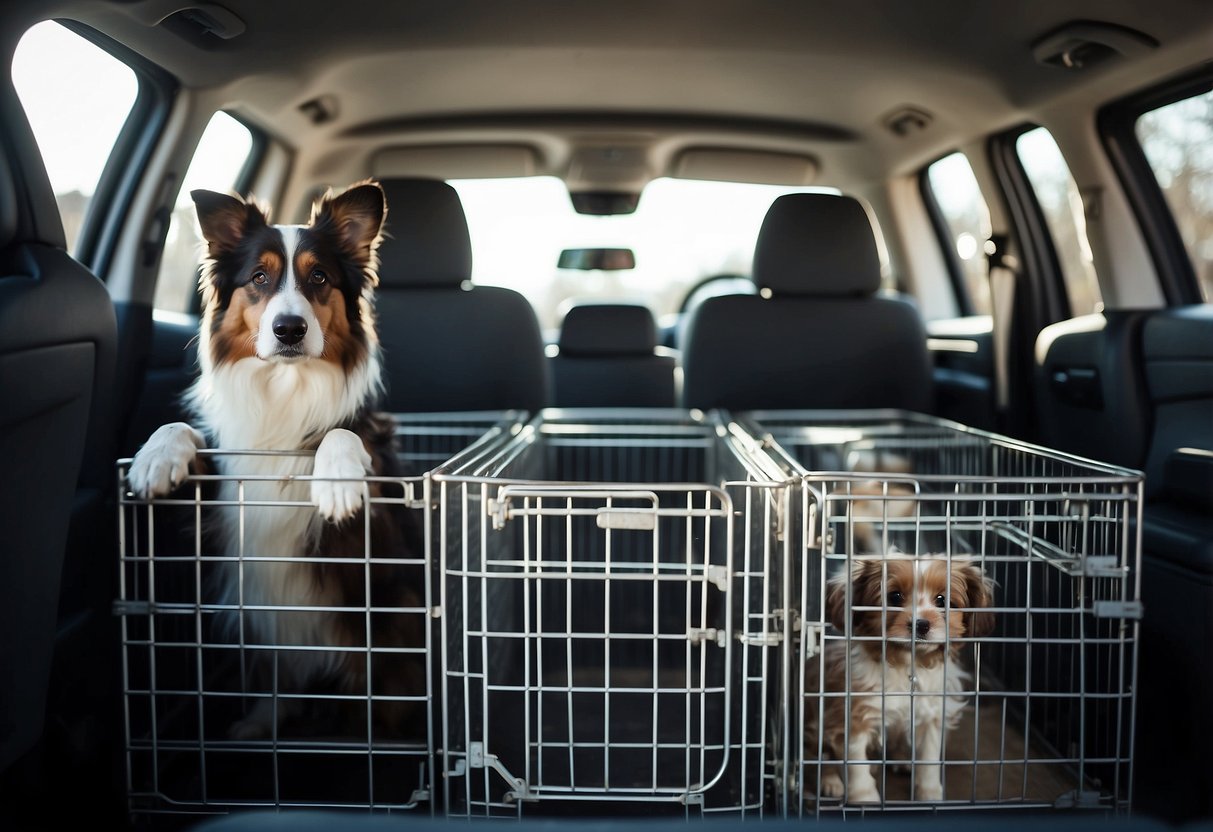 Multiple dogs in crates in a spacious car. Toys and water bowls secured. Owners loading luggage. Happy dogs looking out windows