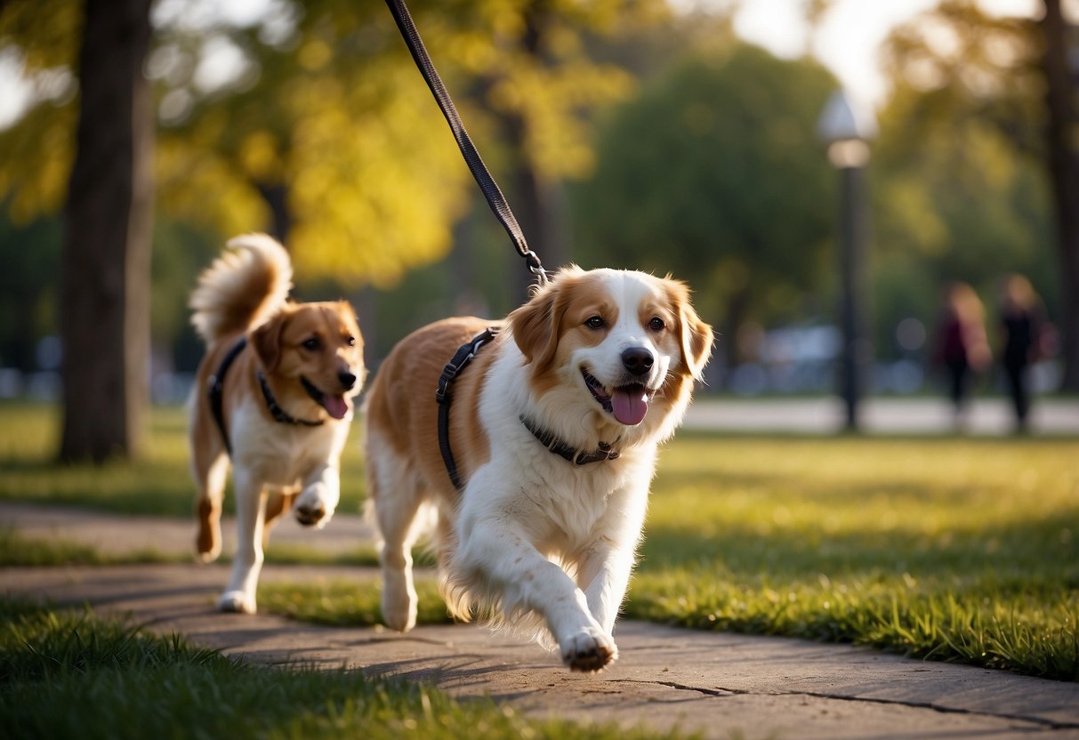 Dogs explore a city park, sniffing around landmarks and enjoying outdoor activities. Multiple leashes are held by a figure off-screen