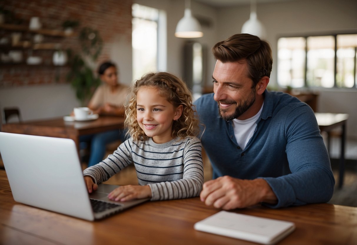 A parent and child sit at a table, discussing online safety. The child looks engaged while the parent gestures to a computer screen, emphasizing important points