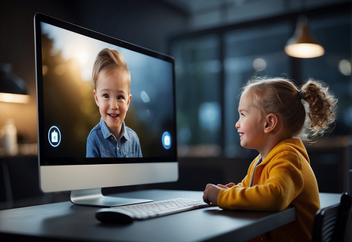 A computer screen with a lock icon representing privacy settings. A parent and child having a conversation about online safety