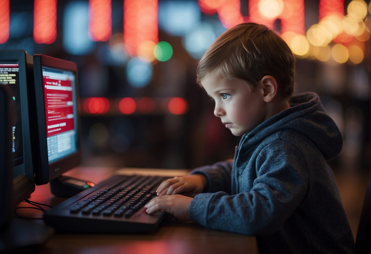 A child using a computer with warning signs (red flags) hovering above, representing potential online danger