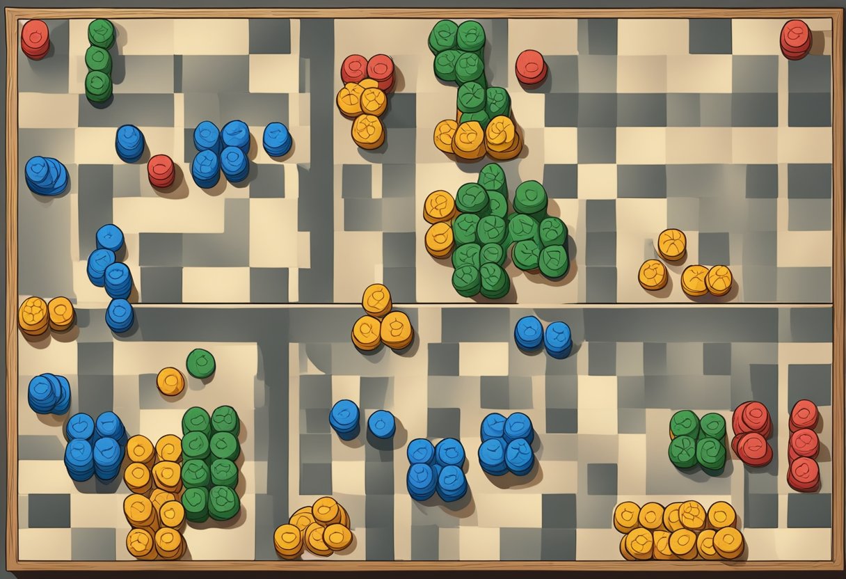 A strategy game board with pieces arranged strategically, showing a player's plan to outmaneuver opponents and achieve victory