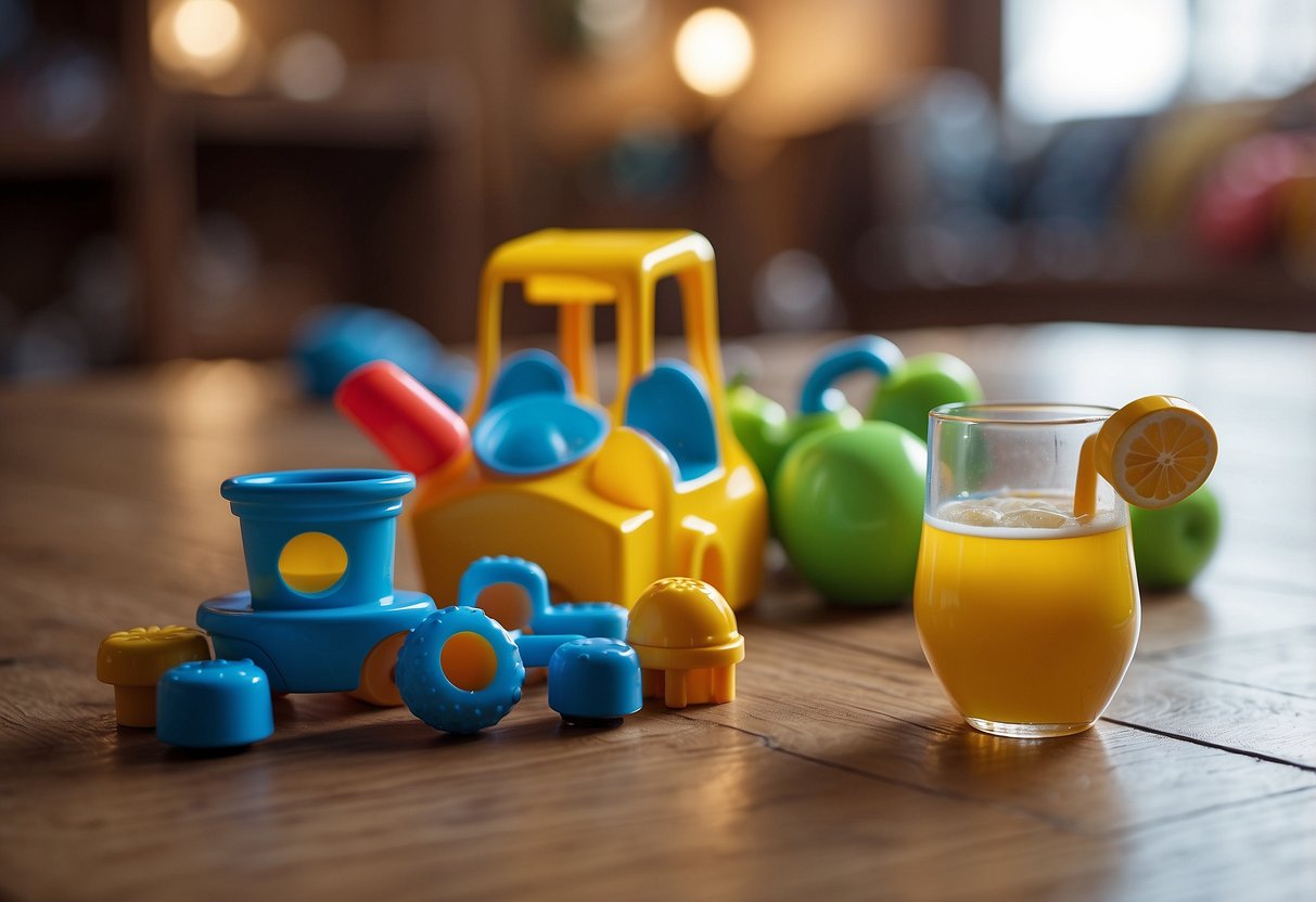 Children's toys scattered on the floor, a spilled drink, and a small bump on the table corner