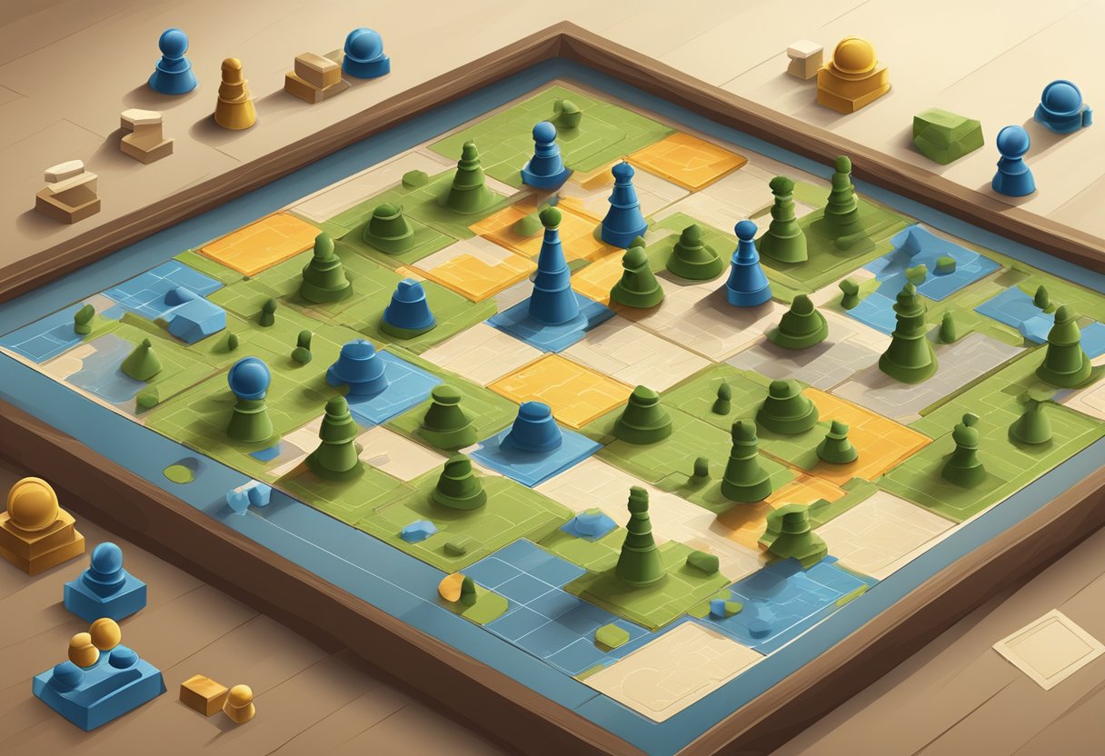 Players positioning game pieces, planning moves, and engaging in strategic discussions. A game board with various terrains, obstacles, and resources