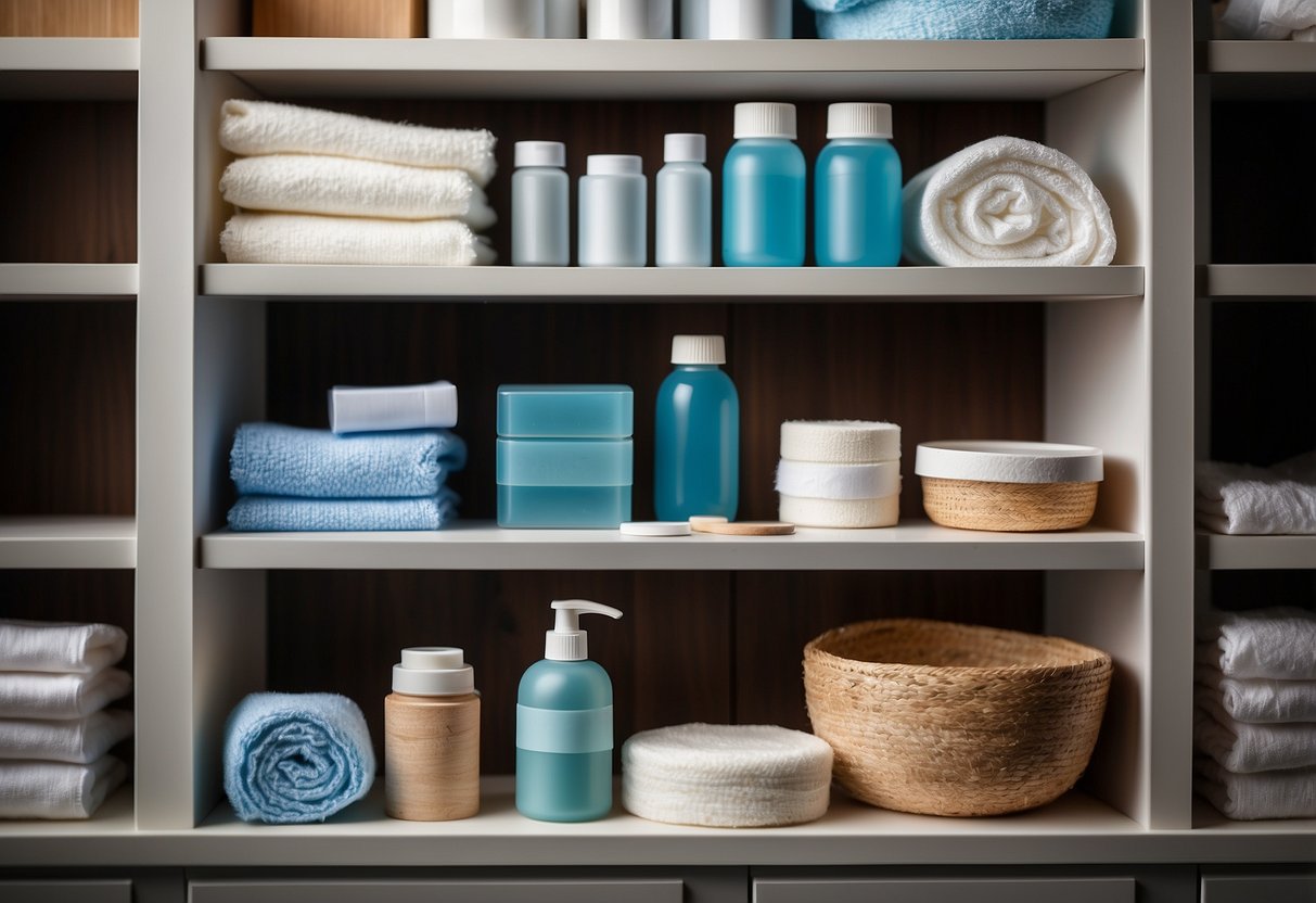 A home setting with a shelf or cabinet stocked with bandages, antiseptic wipes, gauze, adhesive tape, and scissors