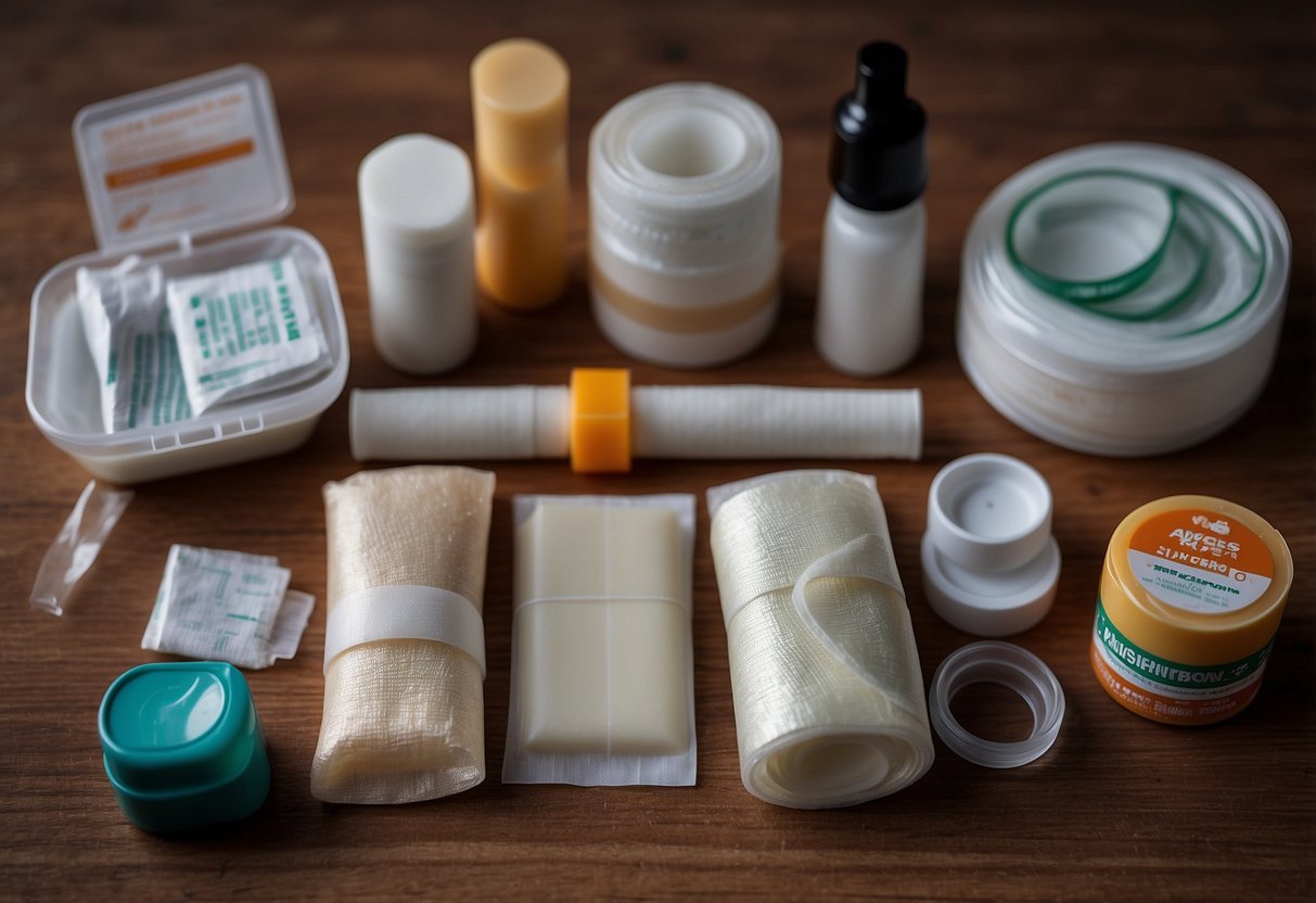 A box of adhesive bandages sits next to a first aid kit, surrounded by other essential supplies. The bandages are neatly stacked, ready for use