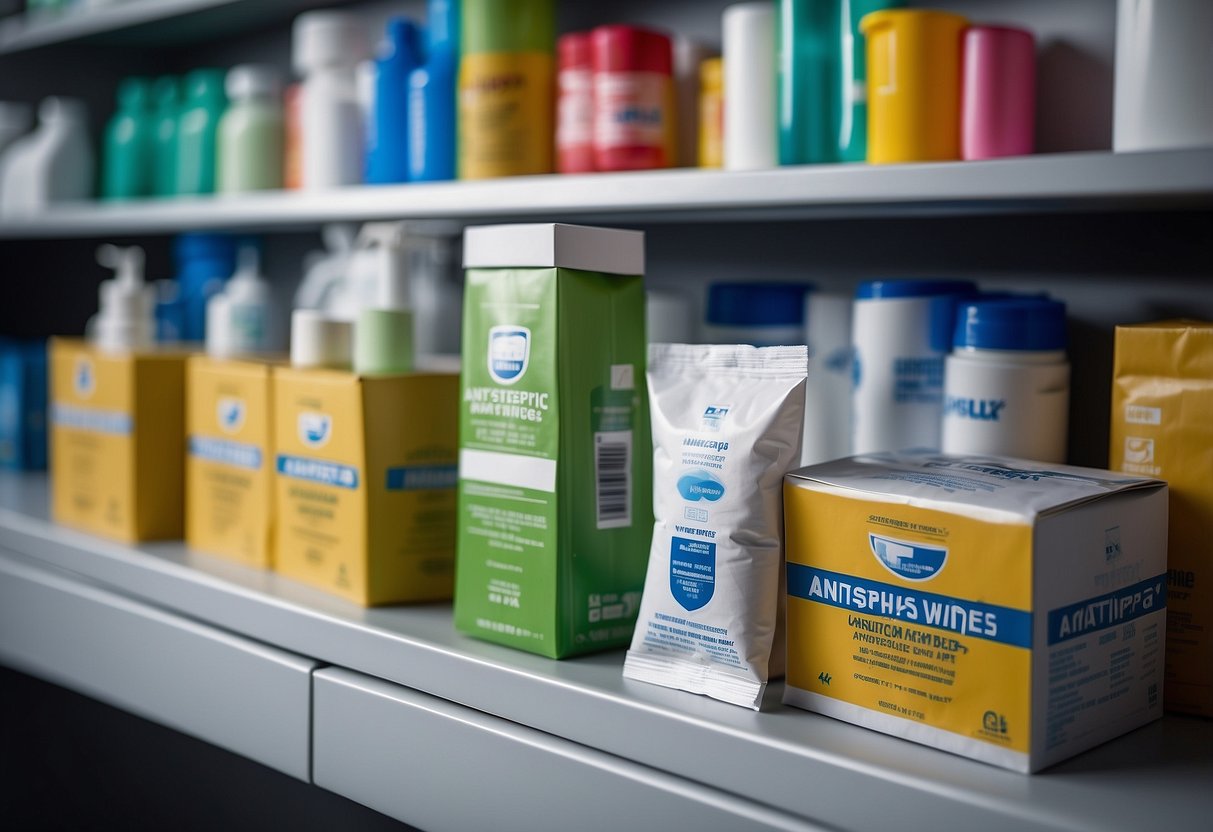 A box of antiseptic wipes, alongside bandages, gauze, scissors, and adhesive tape, arranged neatly on a shelf