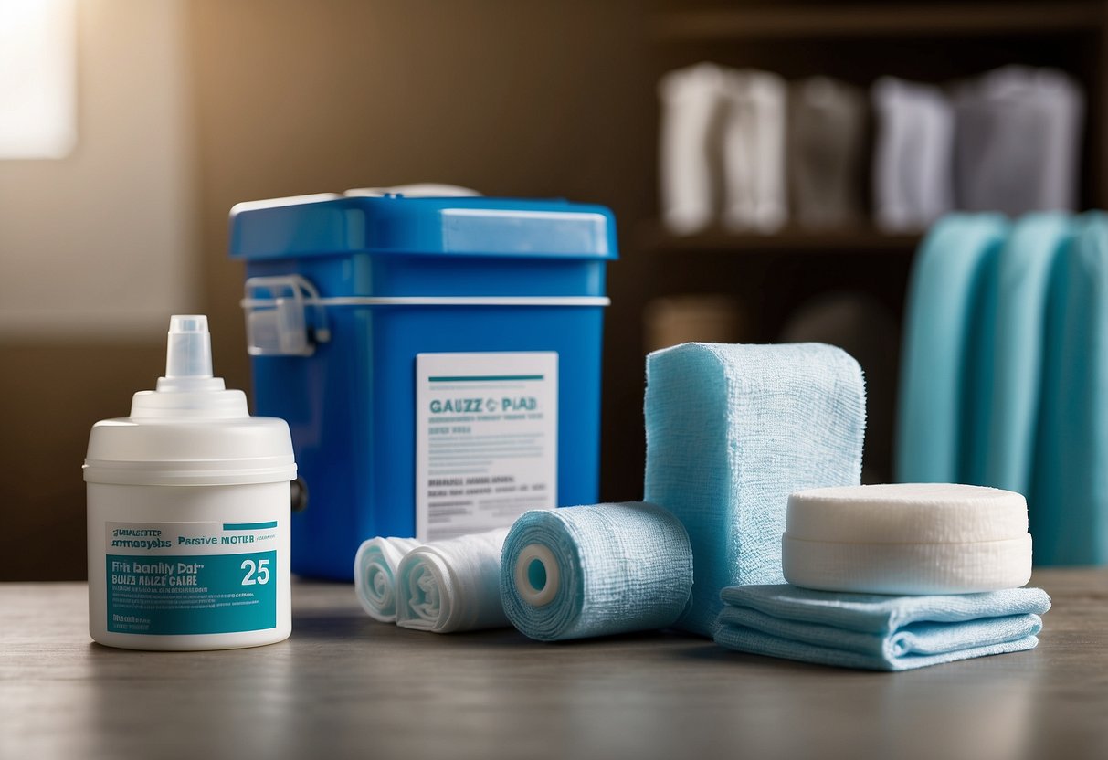 A box of sterile gauze pads sits next to a first aid kit, alongside other essential supplies like bandages and antiseptic wipes