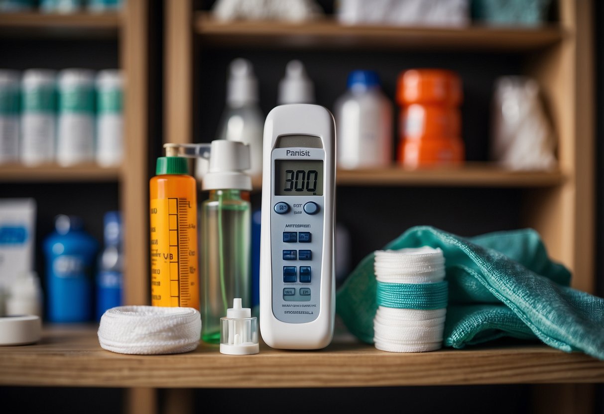 A digital thermometer sits next to first aid supplies on a shelf, including bandages, antiseptic wipes, gauze, and adhesive tape