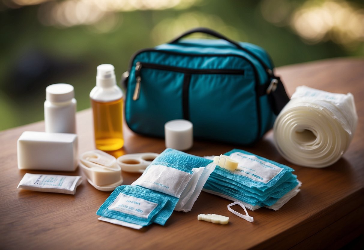 A pair of tweezers sits next to bandages, antiseptic wipes, gauze, and adhesive tape on a clean, organized first aid kit