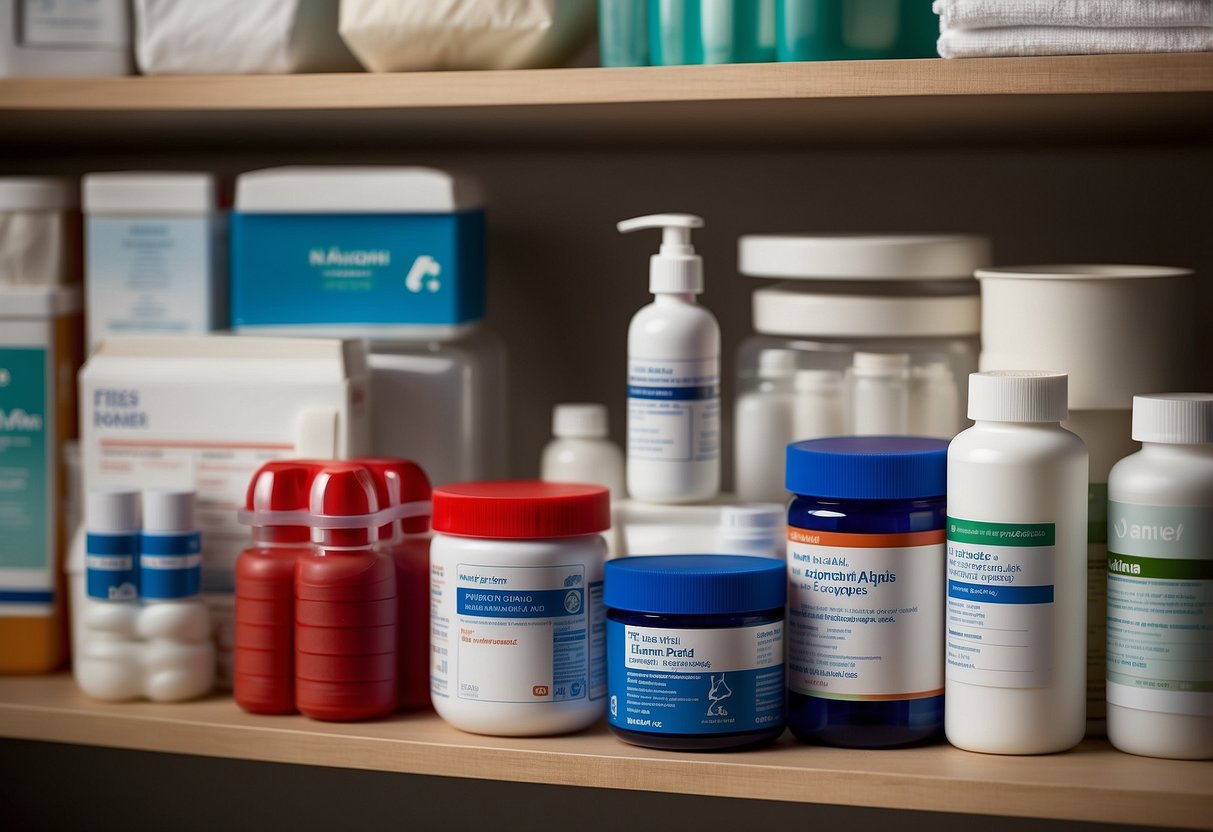 First aid supplies neatly organized on shelves: bandages, antiseptic wipes, gauze, adhesive tape, and scissors. A labeled container holds medications and a first aid manual is displayed nearby