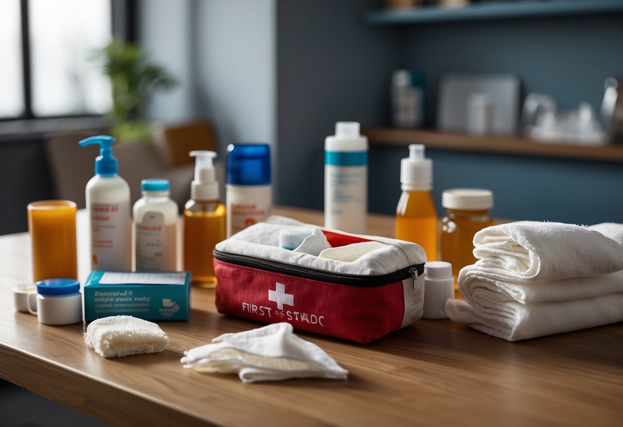 A table with a first aid kit open, displaying bandages, antiseptic wipes, gauze, scissors, and adhesive tape. Nearby, a shelf holds additional medical supplies