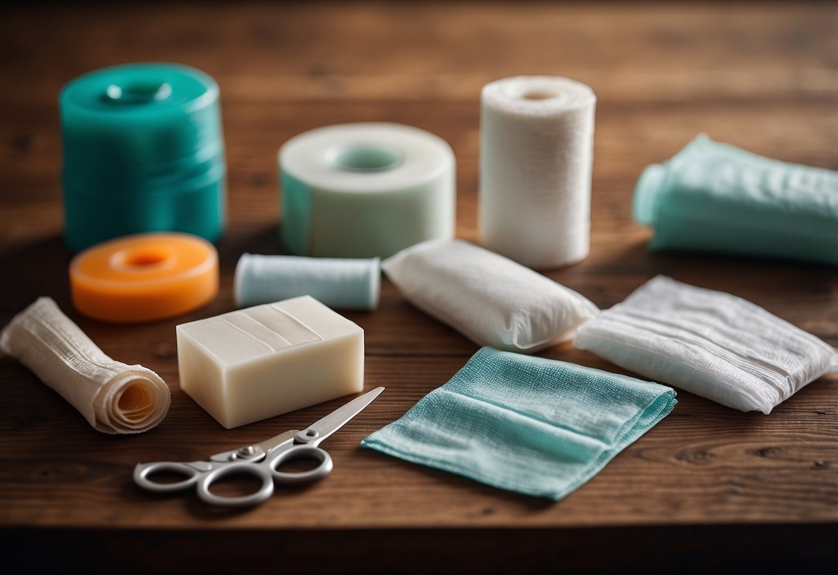 A table with first aid supplies: bandages, gauze, antiseptic wipes, scissors, and adhesive tape. Family members practicing usage