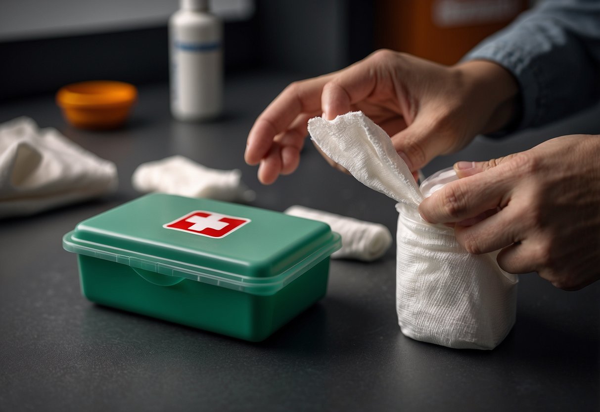 A first aid kit open on a clean surface, with bandages, antiseptic wipes, and gauze. A person's hand reaching for the supplies