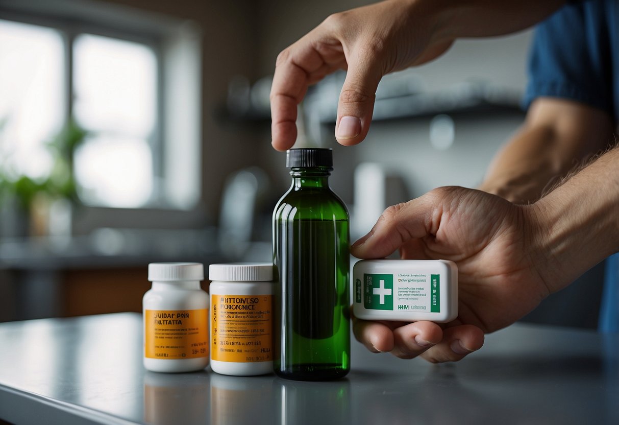 A hand reaches for a bottle of over-the-counter pain relief next to a first aid kit