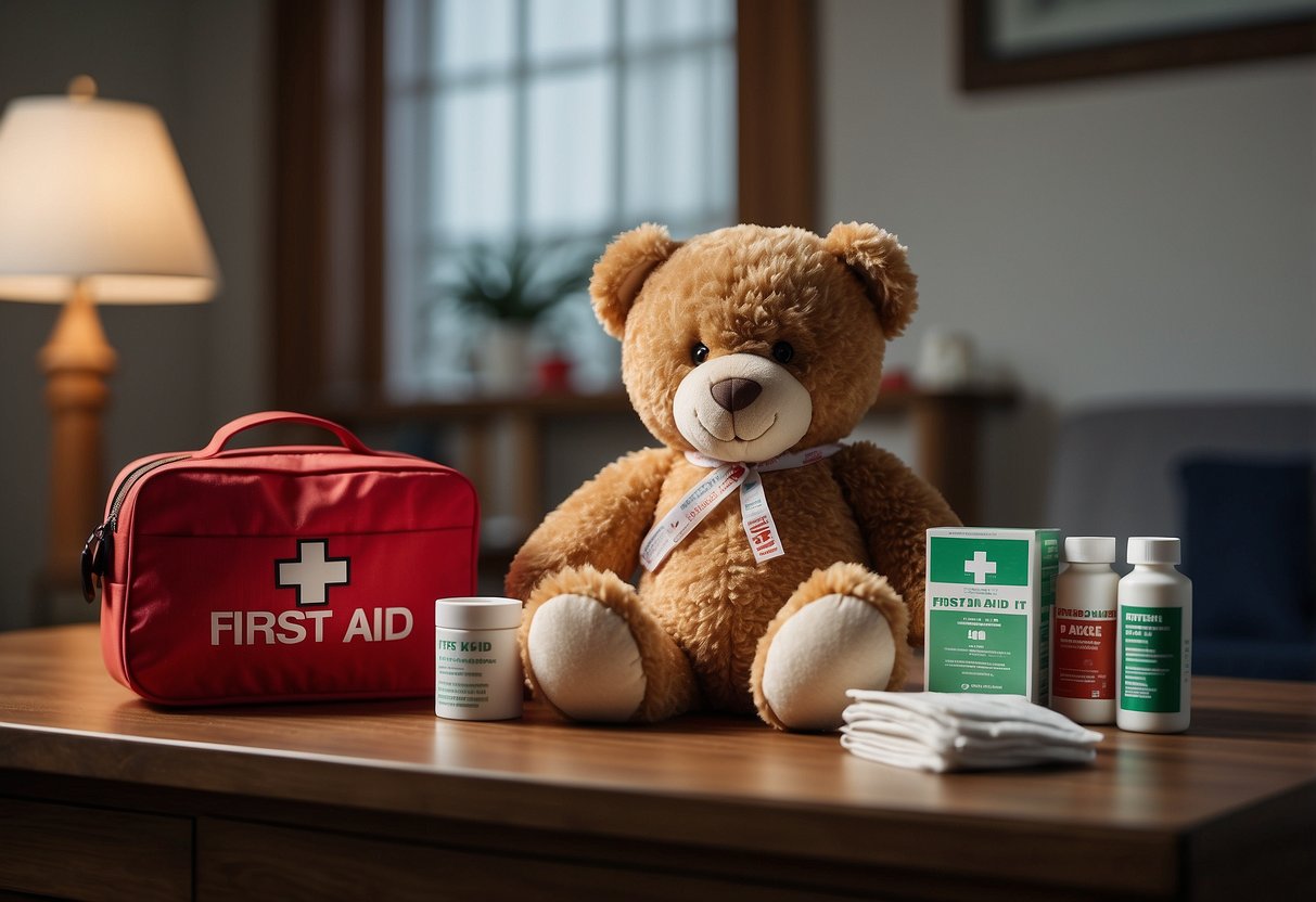 A child-sized first aid kit sits open on a table. A teddy bear with a bandage on its arm sits next to it. A poster on the wall shows basic first aid instructions