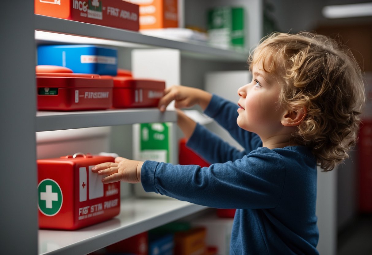 A child's hand reaching for a first aid kit on a high shelf, while a parent points to a poster illustrating basic first aid techniques