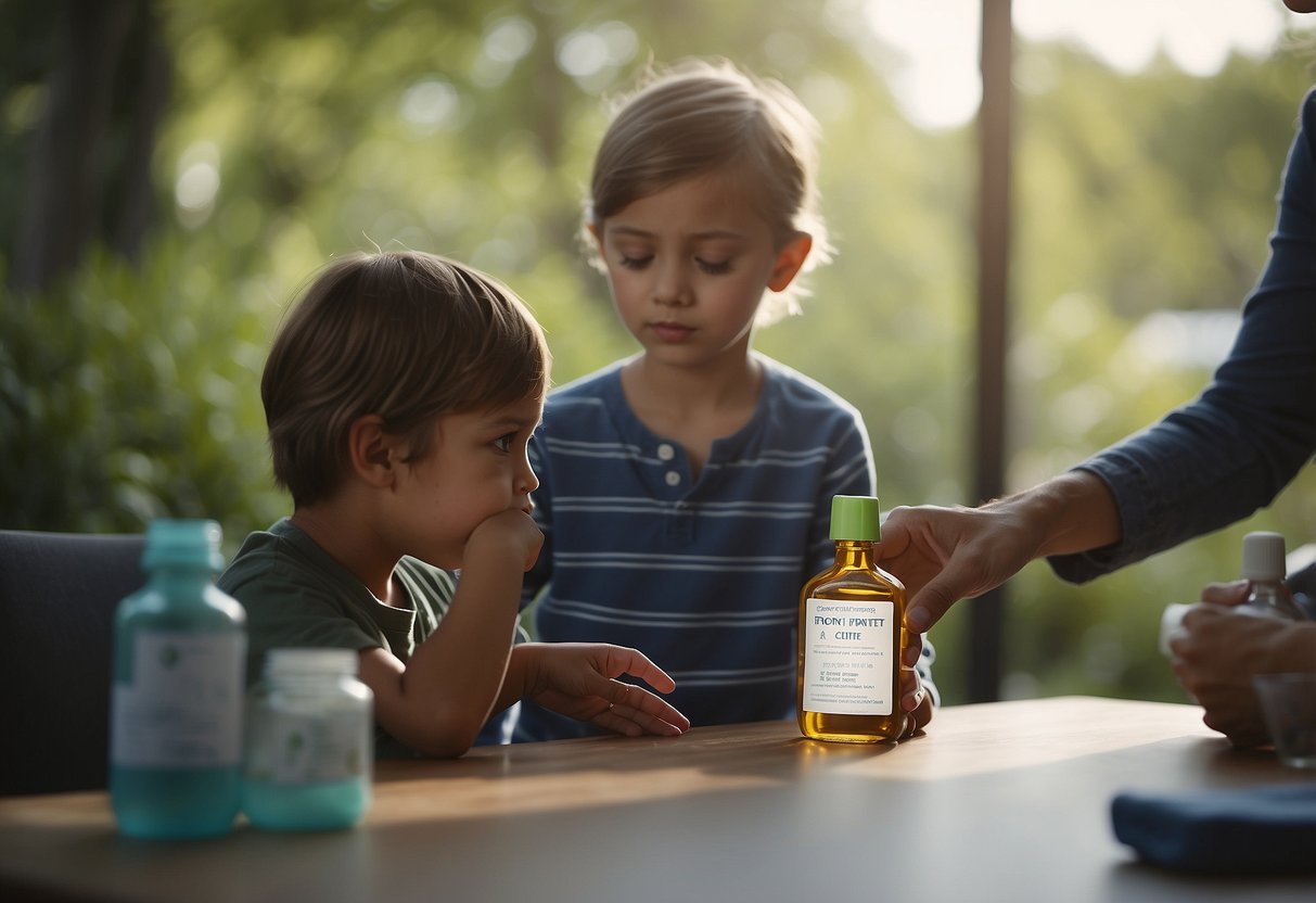 A parent reaching for a medicine bottle without reading the label. Another parent using outdated first aid techniques on a child