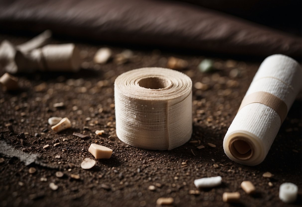 A bandage remains unwrapped, dirt and debris still visible on the wound. Other first aid supplies lay scattered and unused