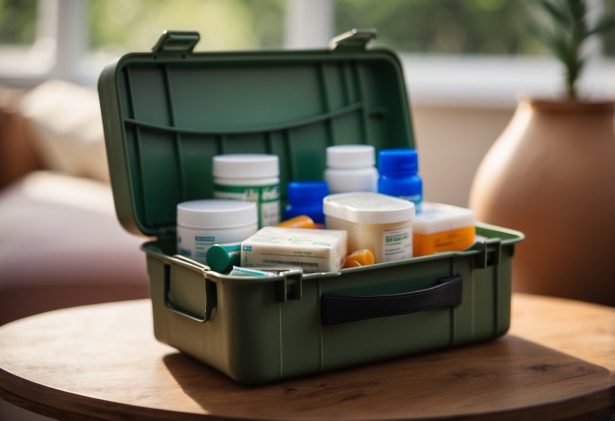 An open first aid kit with expired supplies. Bandages, ointments, and medications are visibly outdated. A parent reaching for the kit in an emergency situation