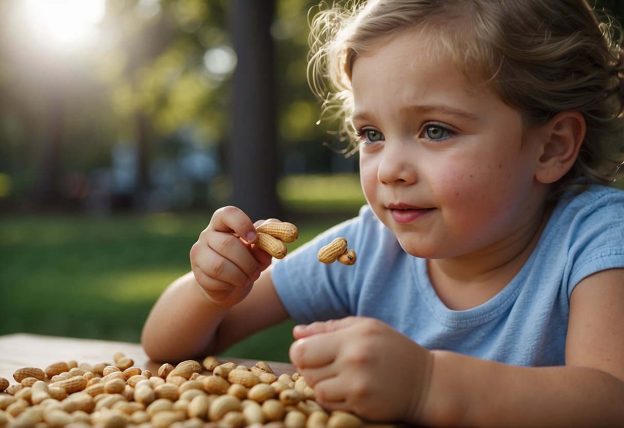 A child eats peanuts, develops hives. Parent gives Benadryl, not calling 911. Show parent administering medication, child with hives