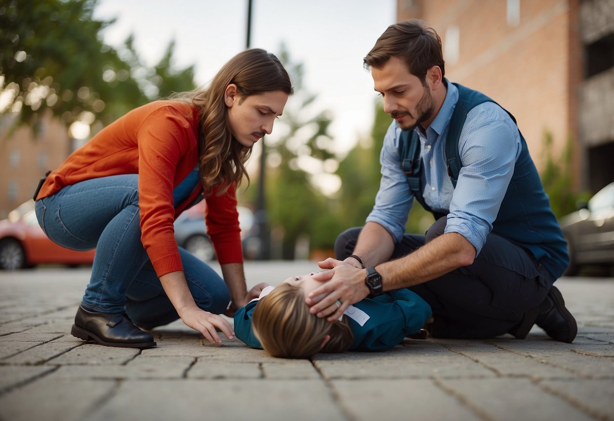 A parent hesitates before performing CPR on a child. Objects such as a first aid kit and a phone are nearby. The child is lying on the ground, unconscious