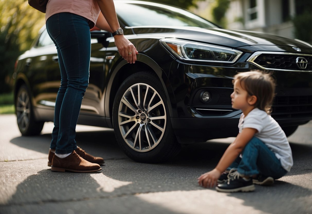 A car parked in a driveway with child safety seats properly installed. A parent checking the car's tire pressure and inspecting the interior for any hazards