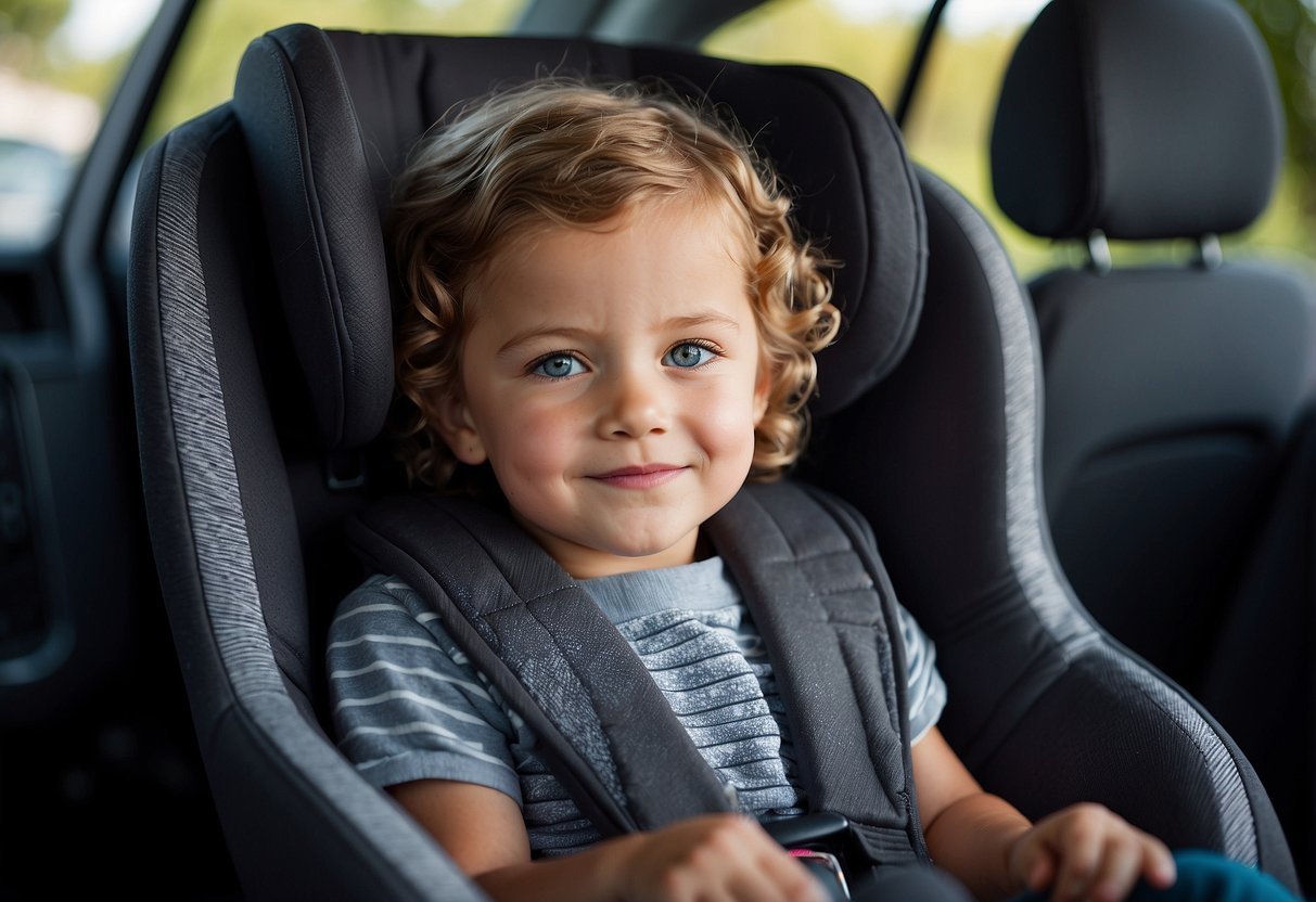 A car seat placed in the front passenger seat of a car, with the child still in it, despite being too young for transitioning