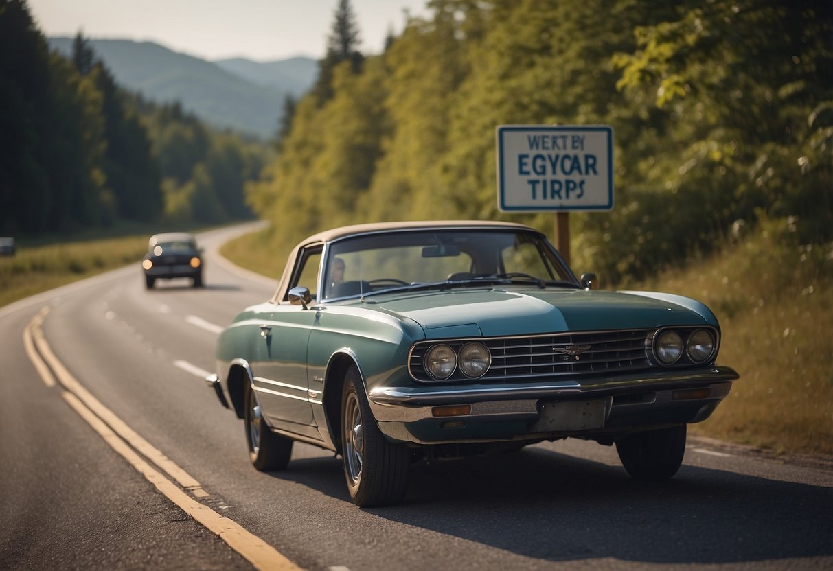 A car driving on a highway with a sign indicating "Plan Regular Breaks" and "5 Tips for Keeping Your Child Safe During Road Trips" displayed prominently