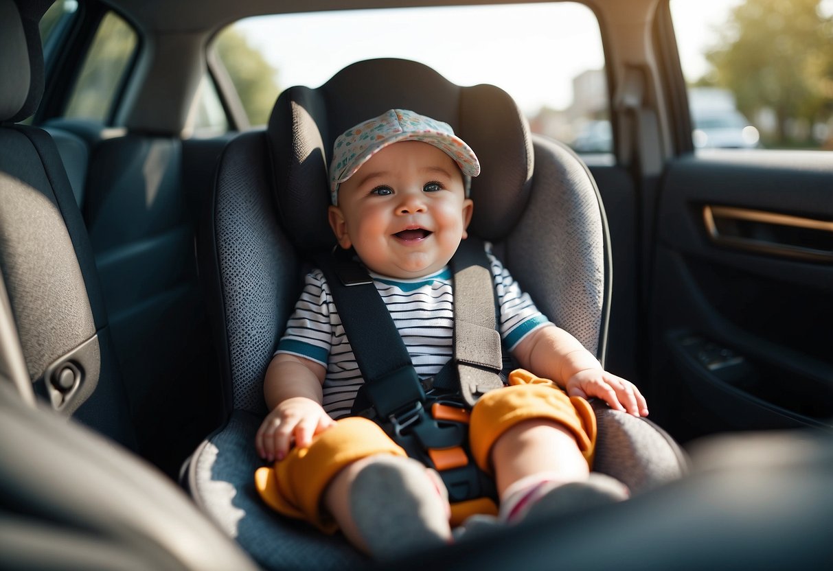 A car with sun shades installed, child safety seat, toys, snacks, and water bottle. Sun shining through the window