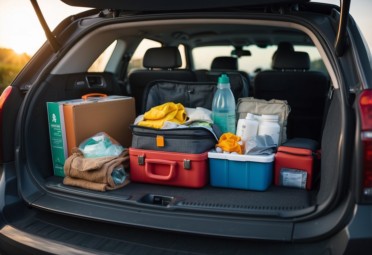 A car trunk open with a packed suitcase, first aid kit, and emergency supplies. A child's car seat secured in the backseat with a safety harness